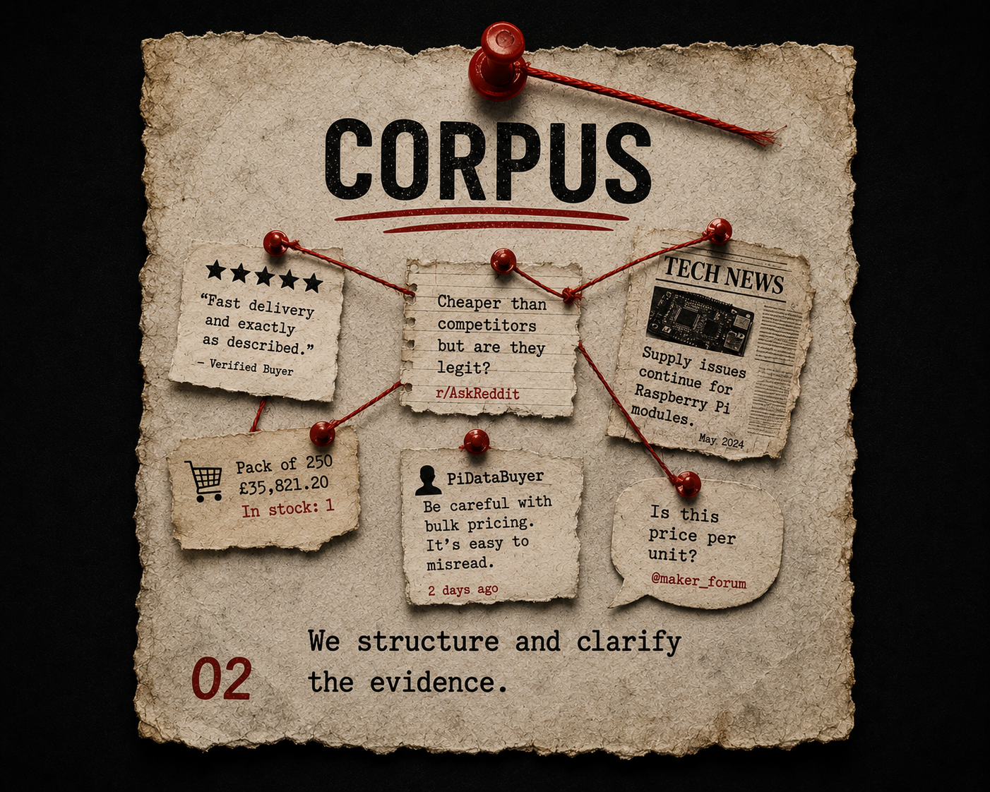 Corpus layer card showing reviews, listings and other evidence connected by red thread.