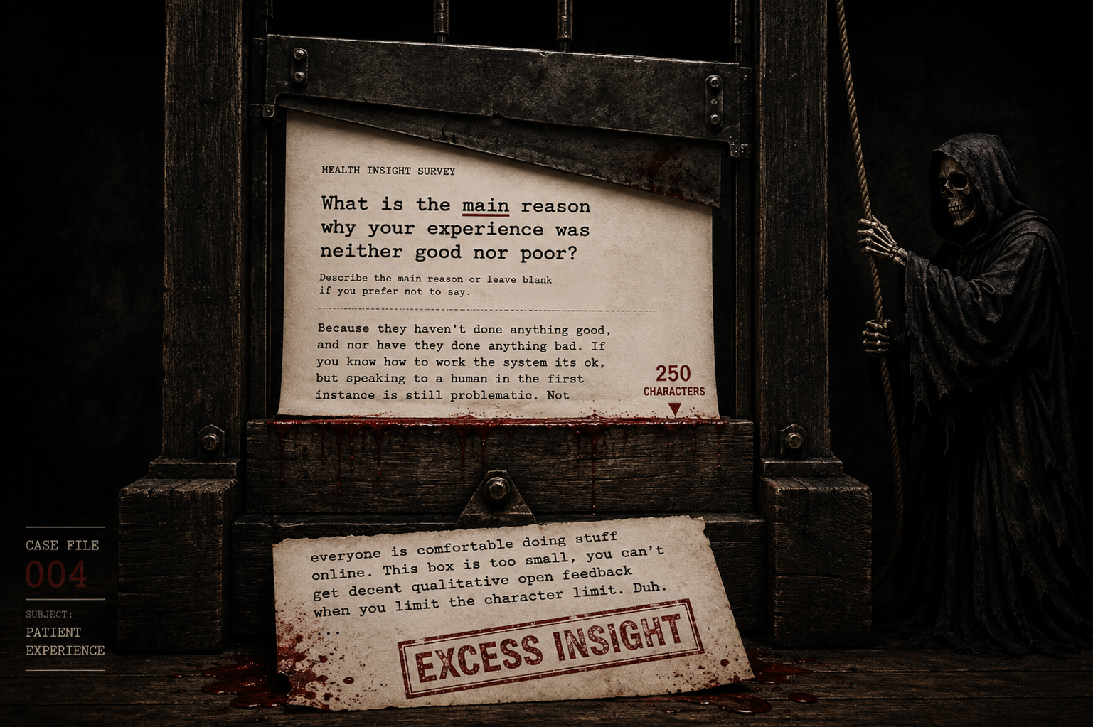 Dark editorial illustration of a guillotine cutting through a Health Insight Survey response at the 250-character limit. A Grim Reaper operates the blade while the severed lower section, containing discarded feedback, is stamped “EXCESS INSIGHT”.