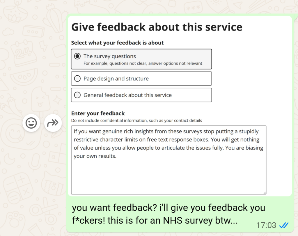 Screenshot of the Health Insight Survey feedback form containing criticism of restrictive free-text character limits, shared in a WhatsApp message saying, “you want feedback? i’ll give you feedback you f*ckers!”