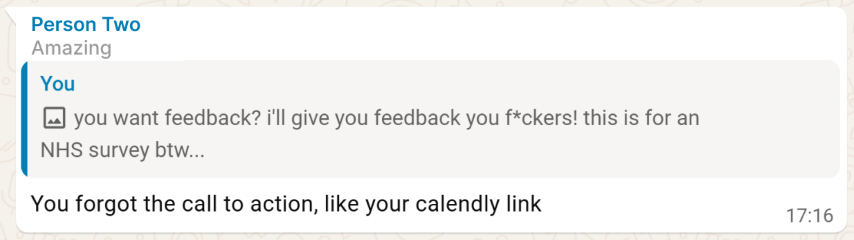 WhatsApp reply reading, “You forgot the call to action, like your calendly link,” in response to a message ranting about the Health Insight Survey.