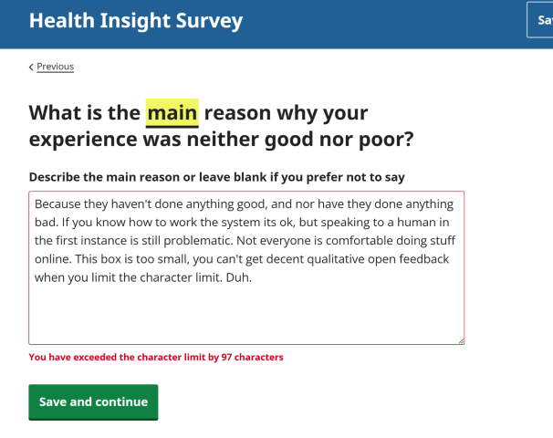 Health Insight Survey question asking for the main reason an experience was neither good nor poor, with a free-text response and a red warning stating, “You have exceeded the character limit by 97 characters.”