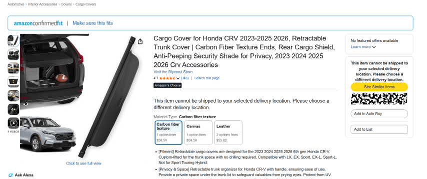 Amazon product page showing the “Make sure this fits” prompt above a cargo cover listed for Honda CR-V models from 2023 to 2026.