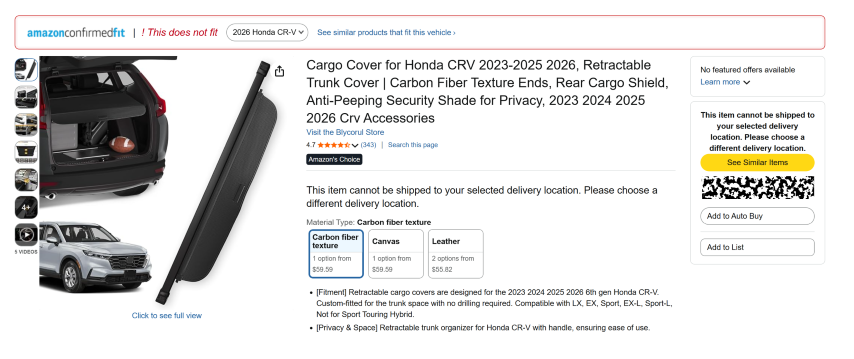 Amazon says “This does not fit” for a selected 2026 Honda CR-V on a cargo-cover page whose title and seller compatibility information include the 2026 Honda CR-V.