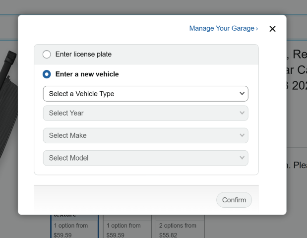 Amazon Garage dialog asking the shopper to identify a vehicle using a licence plate or by selecting vehicle details manually.