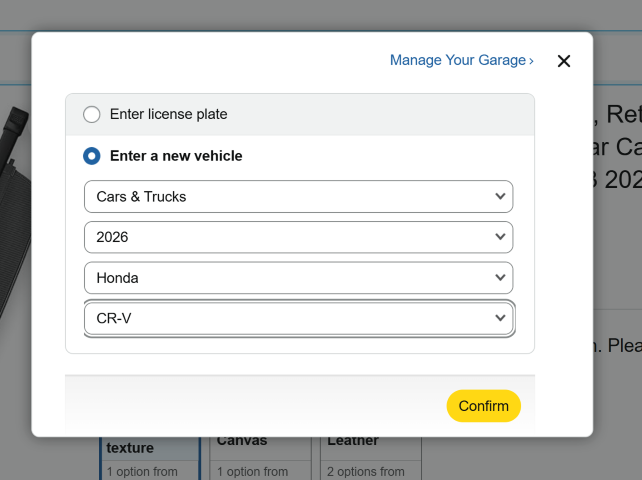 Amazon Garage with Cars & Trucks, 2026, Honda and CR-V selected before the compatibility check is confirmed.