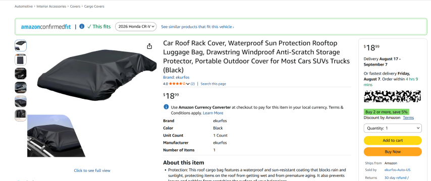 Amazon Confirmed Fit showing a green tick and “This fits” after a vehicle has been checked against another automotive product.
