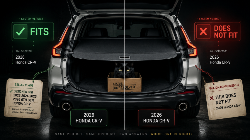 A 2026 Honda CR-V split between two conflicting compatibility verdicts: “Fits” and “Does Not Fit”, with a black cat in a box marked “Status: Unresolved”.